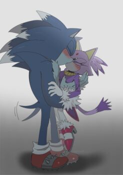 1boy 1girl animal_ears blaze_the_cat blue_fur blush cat_ears cat_girl cat_tail claws closed_eyes furry furry_female furry_male highres jacket kiss pink_shoes purple_fur purple_jacket red_shoes shoes sonic_(series) sonic_the_hedgehog sonic_the_werehog spiked_shoes spikes tail tail_wagging yeonwu08