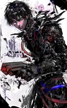 1boy absurdres black_bodysuit black_hair blame! bodysuit closed_mouth cow cowboy_shot facial_scar graviton_beam_emitter grey_eyes gun hair_between_eyes handgun highres holding holding_gun holding_weapon killy kyezzzz looking_at_viewer male_focus scar scar_on_cheek scar_on_face short_hair solo standing weapon