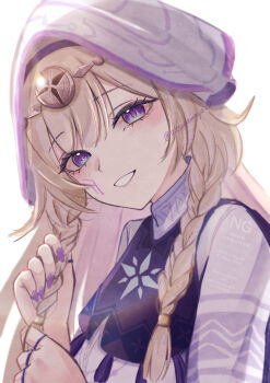 0_tsunamayo_0 1girl absurdres blonde_hair braid commentary fingernails headdress highres long_fingernails long_hair looking_at_viewer nail_polish parted_lips purple_eyes purple_nails smile solo twin_braids twitter_username upper_body wuthering_waves zahira_(wuthering_waves)