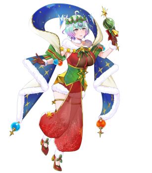 1girl ahoge attack blue_hair breasts crystal fire_emblem fire_emblem_heroes gloves green_eyes highres holding holding_wand large_breasts mistletoe mistletoe_hair_ornament nintendo non-web_source official_alternate_costume official_art parted_lips red_gloves see-through_clothes seidr_(fire_emblem) seidr_(winter)_(fire_emblem) shawl short_hair smile solo star_(symbol) star_print wand