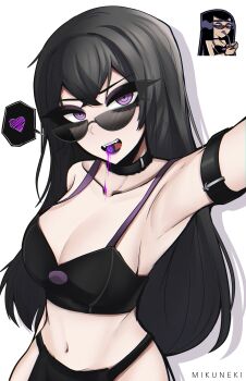 1girl absurdres armlet armpits artist_name black_hair black_tank_top breasts cleavage collarbone crop_top crossed_bangs cup danny_phantom drinking_straw food_in_mouth heart highres jewelry long_hair medium_breasts mikuneki navel open_mouth purple_eyes sam_manson shadow solo spoken_heart sunglasses tank_top thick_eyebrows