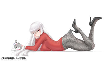 1girl 1other alternate_costume black_pantyhose blade_(brown_dust) breasts brown_dust_(series) brown_dust_2 closed_mouth clothes_pull hand_on_own_cheek hand_on_own_face high_heels highres lace_pantyhose_hooked_on_heel_(meme) lammylamd large_breasts looking_at_viewer lying meme on_stomach pantyhose pantyhose_pull pulling_own_clothes red_eyes red_sweater simple_background solo_focus sweater white_background white_hair yuridori_(brown_dust)