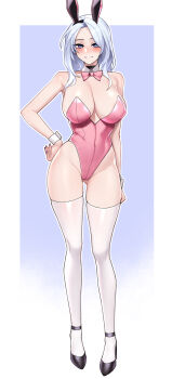 1girl :d absurdres alternate_breast_size_(larger) animal_ears ankle_strap arm_at_side arm_behind_back ashe_(league_of_legends) blue_eyes blue_hair blush bow bowtie breasts cleavage curtained_hair detached_collar dogs_(dlrkdejr26) dot_nose fake_animal_ears forehead full_body gluteal_fold gradient_background grey_hair hand_on_own_hip high_heels highleg highleg_leotard highres korean_commentary large_breasts league_of_legends legs legs_apart leotard long_hair looking_at_viewer nose_blush open_mouth outline pink_bow pink_bowtie pink_leotard playboy_bunny purple_background purple_nails simple_background smile solo standing strapless strapless_leotard strappy_heels thighhighs thighs two-tone_background white_hair white_outline white_thighhighs wrist_cuffs