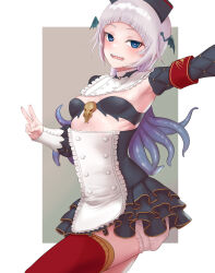 Rule 34 | 1girl, apron, ar-khey, armband, armpits, black bra, black hat, black skirt, black sleeves, blue eyes, bra, breasts, detached sleeves, frilled skirt, frills, grey hair, hat, head wings, heart, heart-shaped pupils, high-waist skirt, highres, indie virtual youtuber, long hair, mole, mole under mouth, open mouth, pochimaru (vtuber), pochimaru (vtuber) (3rd costume), red armband, red thighhighs, sharp teeth, skirt, small breasts, solo, symbol-shaped pupils, teeth, tentacle hair, thighhighs, underwear, v, virtual youtuber, white apron, wings