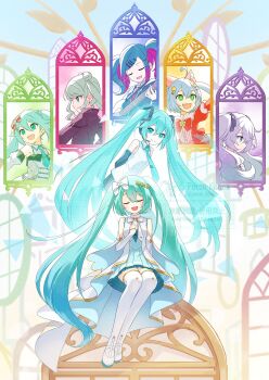 25-ji_miku 6+girls ahoge animal_ear_fluff animal_ears aqua_eyes aqua_hair aqua_necktie aqua_skirt black_sleeves bow cat_ears closed_eyes collared_shirt commentary_request detached_sleeves dress grey_hair hair_between_eyes hair_bow hair_ornament hand_on_own_chest hatsune_miku highres hiramado_miku kowareta_sekai_to_utaenai_miku leo/need_miku long_hair long_sleeves looking_at_viewer more_more_jump!_miku multiple_girls necktie open_mouth peron_(niki2ki884) pleated_skirt project_sekai shirt sitting skirt sleeveless sleeveless_dress sleeveless_shirt smile spoilers thighhighs tie_clip twintails very_long_hair vivid_bad_squad_miku vocaloid white_bow white_dress white_shirt white_sleeves white_thighhighs wonderlands_x_showtime_miku x_hair_ornament zettai_ryouiki