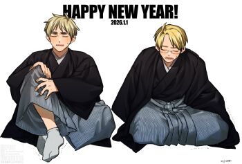 2boys ahoge alternate_costume america_(hetalia) artist_name axis_powers_hetalia black-framed_eyewear black_haori black_kimono blonde_hair blush closed_eyes dated english_text full_body glasses grey_pants hand_on_own_knee haori happy_new_year highres ijjadd0000 japanese_clothes kimono long_sleeves male_focus multiple_boys new_year no_shoes open_clothes open_mouth pants seiza semi-rimless_eyewear short_hair simple_background sitting socks striped_clothes striped_pants sweatdrop teeth trembling united_kingdom_(hetalia) watermark white_background white_socks wide_sleeves