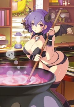 1girl :o antenna_hair bat_wings black_bra black_choker black_horns black_tail black_wrist_cuffs blush boiling book bottle boyshort_panties bra bracelet breasts cauldron choker cleavage curled_horns demon demon_girl demon_horns demon_tail demon_wings frilled_wrist_cuffs frills gas_mask hair_between_eyes highres horns jewelry kuroudo_(senran_kagura) lantern large_breasts leaf looking_at_viewer mask medicine_bottle navel necklace official_alternate_costume official_art open_mouth plant purple_eyes purple_hair purple_thighhighs senran_kagura senran_kagura_new_wave shelf shiny_skin short_hair skull skull_necklace solo stirring stool tail thighhighs underwear wings wrist_cuffs yaegashi_nan