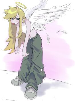 1girl angel angel_wings baggy_pants blonde_hair blue_eyes commentary_request crop_top feathered_wings feathers halo highres jitome leaning_forward long_hair midriff nail_polish navel pants panty_&amp;_stocking_with_garterbelt panty_(psg) shoes sketch sneakers solo tongue tongue_out ushioreo very_long_hair wings