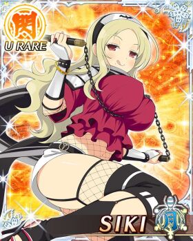 1girl :q animal_print arm_guards bat_print black_garter_straps black_scarf black_shoes blonde_hair border breasts bridal_gauntlets card_(medium) character_name closed_mouth fishnet_thighhighs fishnet_top fishnets forehead_protector game_cg garter_straps high_heels kusarigama large_breasts long_hair long_scarf looking_at_viewer middle_part mole mole_under_mouth navel ninja official_art parted_bangs red_eyes red_shirt scarf senran_kagura senran_kagura_new_wave shiki_(senran_kagura) shirt shoes sickle sitting skindentation skirt smile solo thighhighs third-party_source tongue tongue_out weapon white_skirt