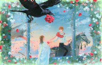 1boy 1girl absurdres animal aristocratic_clothes bird brown_hair cape commentary crow flower giving_flower highres holding holding_hands holding_reins horse horseback_riding lingcod_dayu luke_pearce_(tears_of_themis) prince red_flower red_rose reins riding rosa_(tears_of_themis) rose saddle sash symbol-only_commentary tears_of_themis white_cape
