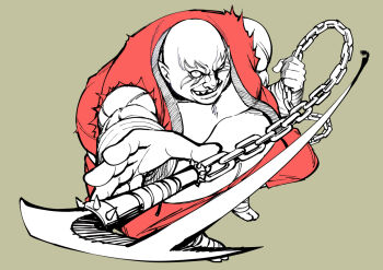 Rule 34 | 1boy, bald, big belly, earthquake (samurai spirits), facial tattoo, fat, fat man, holding, holding sickle, holding weapon, kazeya kazuya, kusarigama, male focus, samurai spirits, sharp teeth, sickle, sleeveless, snk, solo, tabi, tattoo, teeth, weapon