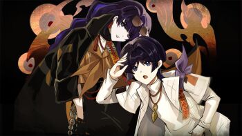 1boy 1girl alternate_costume alternate_universe arm_up black_background black_hair black_pants blunt_bangs braid breasts brown_shirt chinese_commentary cleavage collarbone eyeball feather_necklace genshin_impact hair_between_eyes highres jacket jewelry large_breasts layered_clothes leaning_forward leaning_to_the_side leather leather_jacket long_braid long_hair long_sleeves looking_at_viewer looking_to_the_side mole mole_under_eye momogourami mother_and_son multicolored_hair necklace open_clothes open_jacket open_mouth pants parted_lips purple_eyes purple_hair raiden_shogun red_lips scaramouche_(genshin_impact) scarf shirt short_hair short_sleeves single_braid white_jacket white_shirt