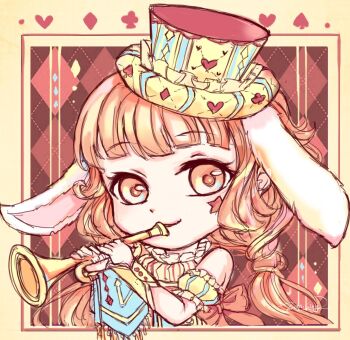 Rule 34 | 1girl, animal ears, argyle background, bare shoulders, blunt bangs, border, buttons, chibi, chinese commentary, closed mouth, club (shape), commentary, detached sleeves, diamond (shape), dot nose, dress, eyelashes, facial tattoo, frilled dress, frills, hair tubes, hat, heart, heart print, highres, holding, holding instrument, holding trumpet, instrument, lan sing, lolita fashion, long hair, looking at viewer, lop rabbit ears, low twintails, miracle nikki, music, nikki (series), orange hair, outside border, playing instrument, puffy short sleeves, puffy sleeves, rabbit ears, red background, short sleeves, signature, sleeveless, sleeveless dress, smile, solo, spade (shape), star (symbol), star tattoo, striped clothes, striped dress, tattoo, top hat, trumpet, tune at dawn (miracle nikki), twintails, upper body, vertical-striped clothes, vertical-striped dress, vertical-striped sleeves, very long hair, yellow arm warmers, yellow border, yellow dress, yellow eyes, yellow hat, yellow sleeves