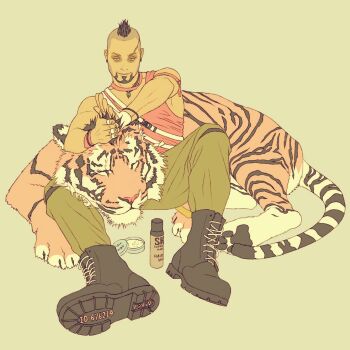 1boy black_boots boots brown_background closed_mouth far_cry far_cry_3 full_body green_pants grooming highres lap_pillow looking_at_animal male_focus pants rdrm simple_background sitting smile solo tiger vaas_montenegro