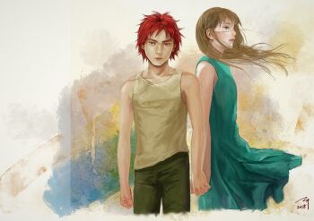 Rule 34 | 1boy, 1girl, absurdres, aged down, blue dress, bow, brown hair, couple, dorcas (fire emblem), dress, fire emblem, fire emblem: the blazing blade, hetero, highres, holding hands, looking at viewer, natalie (fire emblem), nintendo, red bow, shirt, sleeveless, sleeveless shirt, soeda ippei, tank top