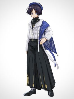 Rule 34 | 1boy, amhr 46, animal print, arms at sides, beret, bird print, black bodysuit, black hair, black pants, black shoes, blue eyes, blue hat, blue shawl, blunt ends, bodysuit, bright pupils, casual, closed mouth, collared shirt, contemporary, full body, genshin impact, gold necklace, gold pendant, gold trim, hakama, hakama pants, hand on own hip, hat, japanese clothes, jewelry, long sleeves, looking at viewer, male focus, necklace, official alternate costume, open collar, pants, parted bangs, pleated pants, scaramouche (genshin impact), shawl, shirt, shoes, smile, solo, standing, turtleneck, turtleneck bodysuit, wanderer (genshin impact), wanderer (impression) (genshin impact), white background, white pupils, white shirt, white sleeves, white trim