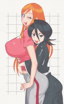 black_eyes black_hair black_kimono bleach breasts grey_pants hair_ornament hairpin highres huge_breasts inkerton-kun inoue_orihime japanese_clothes kimono kuchiki_rukia long_hair one_eye_closed orange_hair pants pink_shirt shirt smile smug