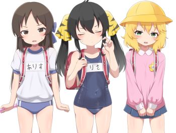 3girls :o absurdres alternate_costume backpack bag black_hair blonde_hair blue_buruma blue_one-piece_swimsuit blue_skirt blush brown_hair buruma closed_eyes collarbone collared_shirt covered_navel flute gym_shirt gym_uniform hat highres idolmaster idolmaster_cinderella_girls idolmaster_cinderella_girls_u149 instrument kindergarten_uniform lineup loli looking_at_viewer matoba_risa mooramango multiple_girls name_tag one-piece_swimsuit pink_shirt pleated_skirt randoseru recorder red_bag sakurai_momoka school_hat school_swimsuit shirt simple_background skirt sweatdrop swimsuit tachibana_arisu thighs white_background white_shirt
