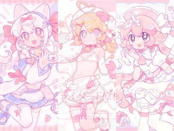 3girls :d :o animal_ear_legwear animal_ears asymmetrical_legwear bell blonde_hair blue_skirt bow bowtie cat_ear_legwear cat_ears cat_girl collar commentary crop_top cropped_shirt detached_sleeves double-parted_bangs fanqiealxe feet_out_of_frame four-finger_heart_hands hair_between_eyes hand_up hat heart heart_hands heart_in_heart_hands highres horns long_hair long_sleeves looking_at_viewer mismatched_legwear mismatched_pupils multiple_girls navel neck_bell open_mouth original pink_eyes pink_hair pink_hat pink_thighhighs pleated_skirt purple_eyes red_collar shirt short_sleeves single_horn single_sock single_thighhigh skirt smile socks standing standing_on_one_leg star-shaped_pupils star_(symbol) striped_clothes striped_thighhighs symbol-only_commentary symbol-shaped_pupils thighhighs uneven_legwear white_bow white_bowtie white_hair white_horns white_shirt white_sleeves white_socks white_thighhighs zettai_ryouiki