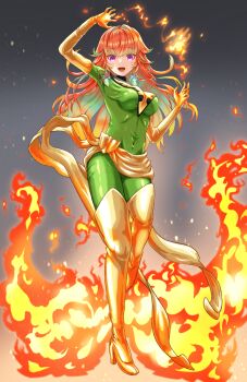 1girl :d absurdres arms_up bodysuit boots breasts commission cosplay earrings feather_earrings feathers fire full_body green_bodysuit green_hair highres hololive hololive_english jean_grey jean_grey_(cosplay) jewelry lingmu long_hair marvel medium_breasts multicolored_hair open_mouth orange_hair phoenix_(x-men) power_connection purple_eyes pyrokinesis sash skeb_commission smile streaked_hair takanashi_kiara thigh_boots trait_connection very_long_hair virtual_youtuber x-men yellow_sash