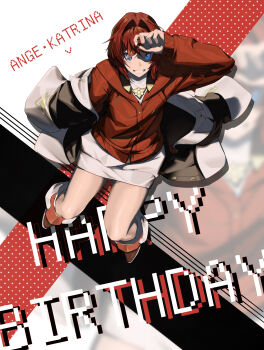 1girl absurdres ange_katrina ange_katrina_(1st_costume) arm_up black_coat blue_eyes boots cardigan character_name coat coat_partially_removed commentary_request crossed_bangs dress english_text eyelashes from_above full_body grin hair_intakes happy_birthday highres holding invisible_chair looking_at_viewer looking_up medium_hair nijisanji red_cardigan red_hair short_dress sitting sleeves_past_wrists smile solo virtual_youtuber white_dress zoom_layer zxjv