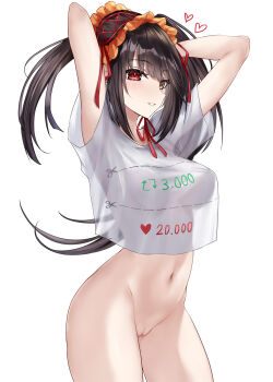1girl arms_up asle black_hair bottomless breasts censored cowboy_shot cut-here_line date_a_live dotted_line frilled_hairband frills hairband heterochromia highres like_and_retweet medium_breasts mosaic_censoring no_pants parted_lips pussy red_eyes see-through_silhouette shirt solo tokisaki_kurumi twintails twitter_cutting_game twitter_strip_game white_shirt yellow_eyes