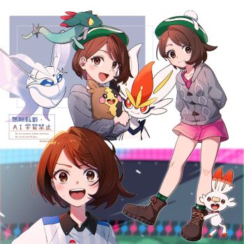 1girl :d boots brown_boots brown_eyes brown_hair buttons cardigan cinderace collared_dress collared_shirt commentary_request dreepy dress frosmoth gen_8_pokemon gloria_(pokemon) green_hat green_socks grey_cardigan gym_challenge_uniform hat highres holding holding_pokemon hood hood_down hooded_cardigan knees morpeko morpeko_(full) multiple_views nintendo open_mouth pink_dress pokemon pokemon_(creature) pokemon_sword_and_shield scorbunny shirt short_hair smile socks tam_o'_shanter teeth toi_(nisanrei121) twitter_username upper_teeth_only watermark