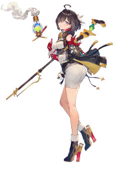 1girl ahoge armpit_hold ass atelier_(series) atelier_yumia backpack bag bare_legs bare_shoulders belt benitama black_boots black_hair black_jacket boots breasts brown_bag bullet detached_sleeves dress flammi_(atelier) full_body gloves hair_between_eyes high_heel_boots high_heels highres holding holding_bullet holding_staff holding_weapon jacket legs long_sleeves looking_at_viewer looking_back medium_breasts mole mole_under_eye multicolored_hair official_art parted_lips partially_fingerless_gloves potion pouch purple_eyes red_gloves red_hair second-party_source short_hair simple_background solo staff standing streaked_hair stuffed_animal stuffed_bird stuffed_toy tachi-e weapon white_background white_dress yumia_liessfeldt
