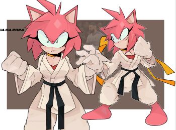 1boy 1girl amy_rose animal_ears animal_nose belt black_belt border breasts brown_background cat_ears choker cleavage clenched_hand closed_mouth cosplay dougi english_text fighting_stance furry furry_female gloves highres karate_gi looking_at_viewer makoto_(street_fighter) makoto_(street_fighter)_(cosplay) martial_arts_belt mendo's_art multiple_views outside_border pants photo_inset pink_fur pink_hair reference_inset ribbon ribbon_choker sonic_(series) standing street_fighter street_fighter_iii_(series) sweat white_border white_eyes white_gloves white_pants yellow_choker yellow_ribbon