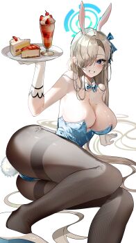 1girl absurdres animal_ear_hairband animal_ears arm_support ass asuna_(blue_archive) asuna_(bunny)_(blue_archive) asymmetrical_bangs bare_shoulders black_pantyhose blue_archive blue_bow blue_bowtie blue_eyes blue_halo blue_leotard blue_ribbon blurry blurry_background blush bow bowtie breasts brown_hair cake cake_slice commentary depth_of_field detached_collar fake_animal_ears fake_tail fine_fabric_emphasis food foot_out_of_frame foreshortening gloves grin hair_over_one_eye hair_ribbon hair_spread_out hairband halo highres holding holding_tray large_breasts leotard long_hair looking_at_viewer moire mole mole_on_breast muye_art official_alternate_costume pantyhose parfait playboy_bunny rabbit_ear_hairband rabbit_ears rabbit_tail reclining ribbon see-through_cleavage see-through_clothes see-through_legwear shiny_skin shoes smile solo strapless strapless_leotard tail thighband_pantyhose thighhighs traditional_bowtie tray twisted_torso very_long_hair white_gloves white_hairband white_shoes