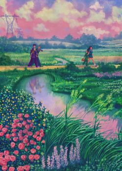 1girl 3boys absurdres bag belt blue_eyes blue_jacket blue_pants blue_shirt blue_skirt blue_sky bridge brown_bag bush carrying carrying_under_arm character_request check_character cloud cloudy_sky commentary diamond_wa_kudakenai dollar_sign english_commentary fatima_wajid field floating_hair flower flower_field from_side gakuran gold_buttons gold_wrist_cuffs gradient_sky grass green_belt green_pants green_shirt green_shoes grey_hair grin higashikata_josuke high_collar highres hill hirose_koichi holding holding_bag jacket jojo_no_kimyou_na_bouken long_hair long_sleeves looking_at_another looking_to_the_side messy_hair mohawk multiple_boys neckerchief nijimura_okuyasu outdoors pants pink_flower pink_sky pleated_skirt pompadour purple_hair purple_jacket purple_neckerchief purple_pants purple_shoes red_flower red_lips red_rose reflection reflective_water river rose school_uniform shirt shoes short_hair short_sleeves skirt sky smile socks tall_grass transmission_tower tree walking walkway white_flower white_shirt white_socks yamagishi_yukako yellow_flower yellow_neckerchief
