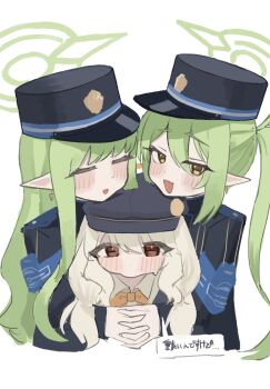 Rule 34 | 3girls, :d, aoba (blue archive), black jacket, blue archive, blush, bow, bowtie, fang, green hair, green halo, hair between eyes, halo, hat, highres, hikari (blue archive), holding hands, hug, jacket, long hair, long sidelocks, looking at viewer, looking down, metronomechan, multiple girls, newsboy cap, nozomi (blue archive), open mouth, peaked cap, pointy ears, red eyes, siblings, sidelocks, skin fang, smile, translation request, twins, twintails, white background, yellow bow, yellow bowtie, yellow eyes, yurie mouth
