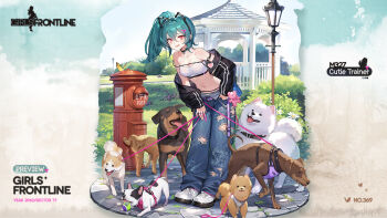 1girl animal_ear_hairband animal_ears aqua_hair arm_strap ball bare_shoulders belt black_choker black_jacket blush breasts brown_dog bug bush butterfly chain character_name choker cleavage closed_eyes clothes_writing collarbone commentary copyright_name crossed_bangs day denim dinergate_(girls'_frontline) dog dog_ears dog_request english_commentary fake_animal_ears flower foliage forced_smile full_body gazebo girls'_frontline grass hair_between_eyes hair_ornament hairband hairclip hand_in_pocket hand_on_own_thigh heart highres holding holding_leash insect jacket jeans lamppost leaning_forward leash long_hair looking_at_viewer m327_(cutie_trainer)_(girls'_frontline) m327_(girls'_frontline) medium_breasts multiple_dogs navel non-humanoid_robot o-ring o-ring_arm_strap off_shoulder official_alternate_costume official_art open_clothes open_fly open_jacket open_mouth outdoors panties pants park path peeing ponytail postbox_(outgoing_mail) purple_belt red_eyes road robot sangvis_ferri second-party_source shoes sneakers solo standing stone_floor strapless striped_clothes striped_jacket stuffed_animal stuffed_toy sweat teddy_bear teddy_bear_ornament tennis_ball tongue tongue_out too_many too_many_dogs torn_clothes torn_jeans torn_pants tree tube_top underwear vertical-striped_clothes vertical-striped_jacket white_dog white_flower white_panties white_shoes white_tube_top whoisshe yellow_butterfly