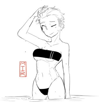 Rule 34 | 1girl, breasts, closed eyes, closed mouth, collarbone, commentary, dripping, ear piercing, english commentary, gris swimsuit, hand in own hair, hand on own head, mir (miryumiya), no eyewear, one eye closed, original, piercing, rebecca joy (miryumiya), short hair, simple background, sketch, smile, solo, stomach, swimsuit, undercut, very short hair, wading, water, wet, white background