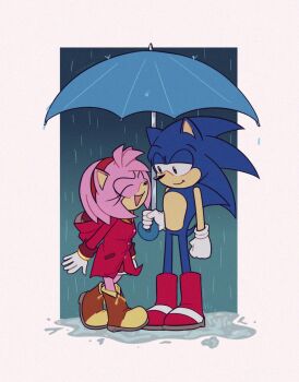 1boy 1girl amy_rose blue_fur blue_hair boots coat gloves half-closed_eyes highres hood hoodie pink_fur pink_hair rain sega smile sonamy sonic_(series) sonic_the_hedgehog spiked_hair standing umbrella