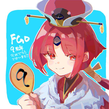 Rule 34 | 1girl, apron, beni-enma, beni-enma (first ascension), bird hat, blush, breasts, brown hat, commentary request, fate/grand order, fate (series), feather trim, hat, japanese clothes, kimono, long hair, long sleeves, looking at viewer, low ponytail, parted bangs, ponytail, red eyes, red hair, red kimono, shamoji, small breasts, smile, solo, su su4204, translation request, very long hair, white apron