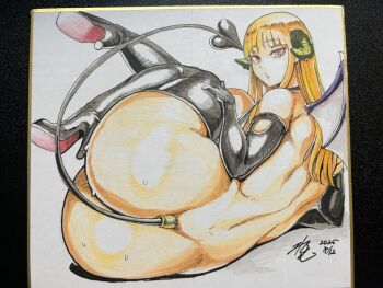 Rule 34 | 1girl, 2025, :3, airi (youkoso succubus machi e!), areola slip, ass, bat wings, black gloves, black tail, black thighhighs, blonde hair, breasts, curled horns, curvy, dated, demon girl, demon horns, demon tail, demon wings, elbow gloves, fetal position, full body, gloves, heart, heart tail, high heels, highres, horns, huge ass, large areolae, large breasts, long hair, looking at viewer, looking back, original, photo (medium), red eyes, remu (kirieroido), revealing clothes, shikishi, solo, tail, tattoo, thighhighs, traditional media, wide hips, wings, youkoso succubus machi e!