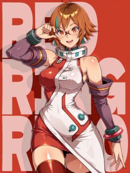 1girl bare_shoulders bracelet commentary_request glasses highres jewelry nullhachinpo orange_hair phantasy_star phantasy_star_online red_eyes red_ring_rico smile solo thighhighs