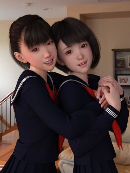 2girls 3d absurdres atari_kuji black_hair blush brown_eyes highres lips multiple_girls open_mouth original photorealistic realistic ribbon school_uniform serafuku short_hair