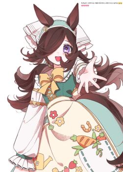 1girl :d alternate_costume animal_ears ascot blush bow bowtie brown_hair carrot_pin commentary_request cowboy_shot doggwa dress frilled_shirt_collar frills green_dress hair_over_one_eye highres horse_ears horse_girl horse_tail korean_text long_hair long_sleeves looking_at_viewer open_mouth outstretched_arm purple_eyes reaching reaching_towards_viewer rice_shower_(umamusume) rice_shower_(yummy_dreamy_fairy)_(umamusume) shirt smile solo tail translation_request umamusume white_shirt yellow_ascot yellow_bow yellow_bowtie