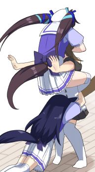 animal_ears back_bow blue_hair blue_ribbon bow bowtie brown_hair cheval_grand_(umamusume) clothing_cutout hair_ribbon hat highres horse_ears horse_girl horse_tail horseshoe_ornament long_hair no_shoes pleated_skirt puffy_short_sleeves puffy_sleeves purple_bow purple_bowtie purple_shirt ribbon sailor_collar sailor_shirt school_uniform shirt short_sleeves siblings sisters skirt tail tail_through_clothes thighhighs tracen_school_uniform twintails umamusume uradooo v_sisters verxina_(umamusume) vivlos_(umamusume) white_hat white_skirt white_thighhighs