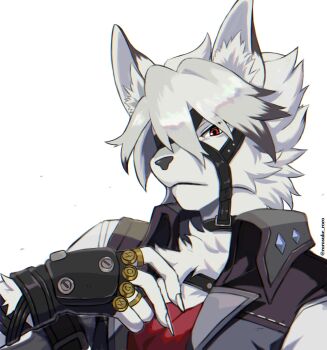 1boy animal_ears arm_strap black_hair black_streaks black_vest claws closed_mouth commentary_request fingerless_gloves furry furry_male gloves highres jewelry looking_at_viewer male_focus multicolored_hair muzzle_(mask) red_eyes ring rorosuke solo two-tone_hair vest von_lycaon white_background white_hair wolf_boy wolf_ears zenless_zone_zero