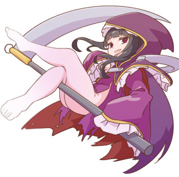1girl absurdres barefoot cloak death_alma emil_chronicle_online frilled_hood frilled_sleeves frills highres holding holding_scythe hood no_panties open_mouth purple_cloak purple_hood purple_shirt red_cloak red_eyes scythe shirt silver-index solo two-sided_cloak two-sided_fabric white_background
