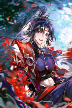 1boy :d abs absurdres bare_shoulders belt black_belt black_gloves black_hair black_pants black_shirt blurry chest_harness chinese_clothes chinese_commentary chromatic_aberration cowboy_shot crop_top curtained_hair depth_of_field earrings fang fingerless_gloves flower gloves hanfu harness headband high_ponytail highres hoop_earrings hua_yi_shanxin_zhiyue jewelry light_particles long_hair looking_at_viewer luludeer386 male_focus mandarin_collar midriff open_mouth pants parted_bangs pectorals ponytail purple_eyes red_flower red_hanfu red_headband red_robe robe shirt sitting smile solo teeth tree upper_teeth_only xiao_guan_(headdress) ying_chuyi