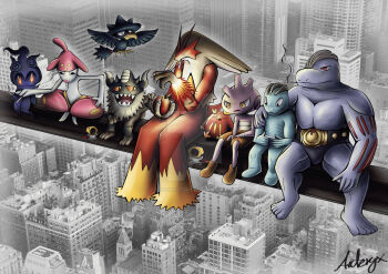 Rule 34 | archecopeteryx, belt, building, cigarette, city, claws, closed eyes, closed mouth, commentary, darumaka, deviantart logo, deviantart username, english commentary, fire, flying, food, fruit, gen 1 pokemon, gen 2 pokemon, gen 3 pokemon, gen 5 pokemon, gen 7 pokemon, gen 8 pokemon, hand on another's shoulder, holding, holding cigarette, holding food, holding fruit, horns, legendary pokemon, lunch atop a skyscraper (photograph), machoke, machop, marshadow, medicham, meltan, murkrow, muscular, mythical pokemon, nintendo, nut (hardware), open mouth, parody, perrserker, photo background, pokemon, pokemon (creature), pokemon focus, red eyes, sharp teeth, signature, sitting, skyscraper, smile, smoke, steel beam, teeth, tyrogue, watermark, web address, yellow eyes