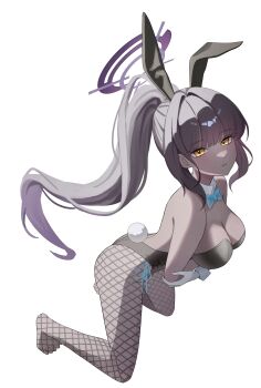 1girl absurdres animal_ear_hairband animal_ears aqua_bow aqua_bowtie beom_(artist) black_hair black_leotard blue_archive bow bowtie breasts commentary_request dark-skinned_female dark_skin detached_collar fake_animal_ears fishnet_pantyhose fishnets gloves hairband halo highres karin_(blue_archive) karin_(bunny)_(blue_archive) large_breasts leotard long_hair official_alternate_costume pantyhose playboy_bunny ponytail purple_halo rabbit_ears rabbit_tail simple_background solo strapless strapless_leotard tail traditional_bowtie white_background white_gloves wrist_cuffs yellow_eyes