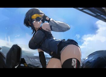 1girl belt bird/binary black_gloves black_hair blue_eyes blue_sky breasts ciel_(bird/binary) closed_mouth cloud cloudy_sky denim denim_shorts eyewear_on_head gloves goggles goggles_on_head highres large_breasts las91214 letterboxed short_hair short_shorts shorts sky solo strap thick_thighs thighhighs thighs tinted_eyewear yellow-tinted_eyewear