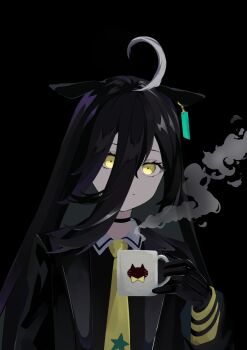 ahoge animal_ears black_background black_choker black_coat black_gloves black_hair black_shirt choker closed_mouth coat collared_shirt contrast_collar cup ear_ornament ear_tag earrings ears_down gloves hair_between_eyes hand_up highres holding holding_cup horse_ears horse_girl jewelry lakosmax long_hair long_hair_between_eyes long_sleeves manhattan_cafe_(umamusume) mug multicolored_hair necktie open_clothes open_coat shirt simple_background single_earring steam umamusume white_hair yellow_eyes yellow_necktie