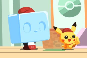 :3 apron chibi chibi_only clothed_pokemon commentary_request dot_nose eiscue eiscue_(ice) full_body gen_1_pokemon gen_8_pokemon hat ice igwjgsarifbfo9u nintendo no_humans official_style open_mouth parody pikachu poke_ball_symbol pokemon pokemon_(creature) pokemon_cafe_remix pokemon_focus red_apron red_hat red_scarf scarf smile style_parody