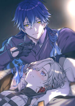 Rule 34 | 2boys, beko beko1223, black gloves, blue eyes, blush, commentary request, flins (genshin impact), genshin impact, gloves, gradient hair, highres, illuga (genshin impact), long hair, long sleeves, male focus, mole, mole under eye, multicolored hair, multiple boys, scar, scar on neck, smile, sweatdrop, teeth, two-tone hair, watermark, yaoi, yellow eyes